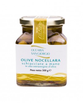 Olive Nocellara Schiacciate a mano in olio extravergine d’oliva - vaso in vetro 300g - Olearia San Giorgio